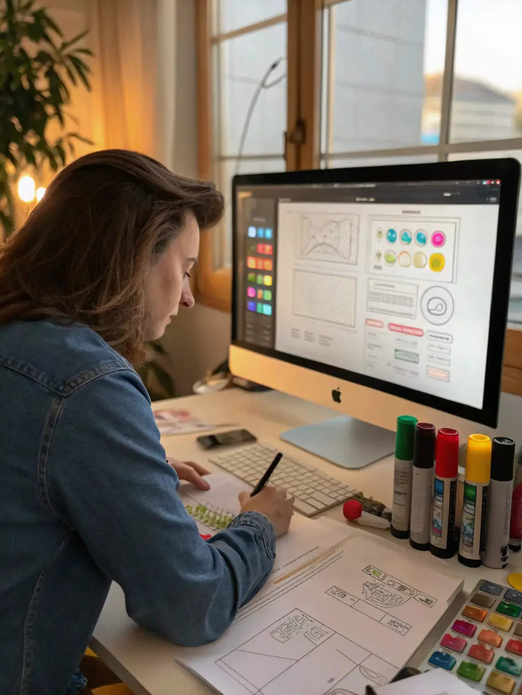 A person working on a user interface design, using design software to create wireframes and prototypes, highlighting user-centered design skills.