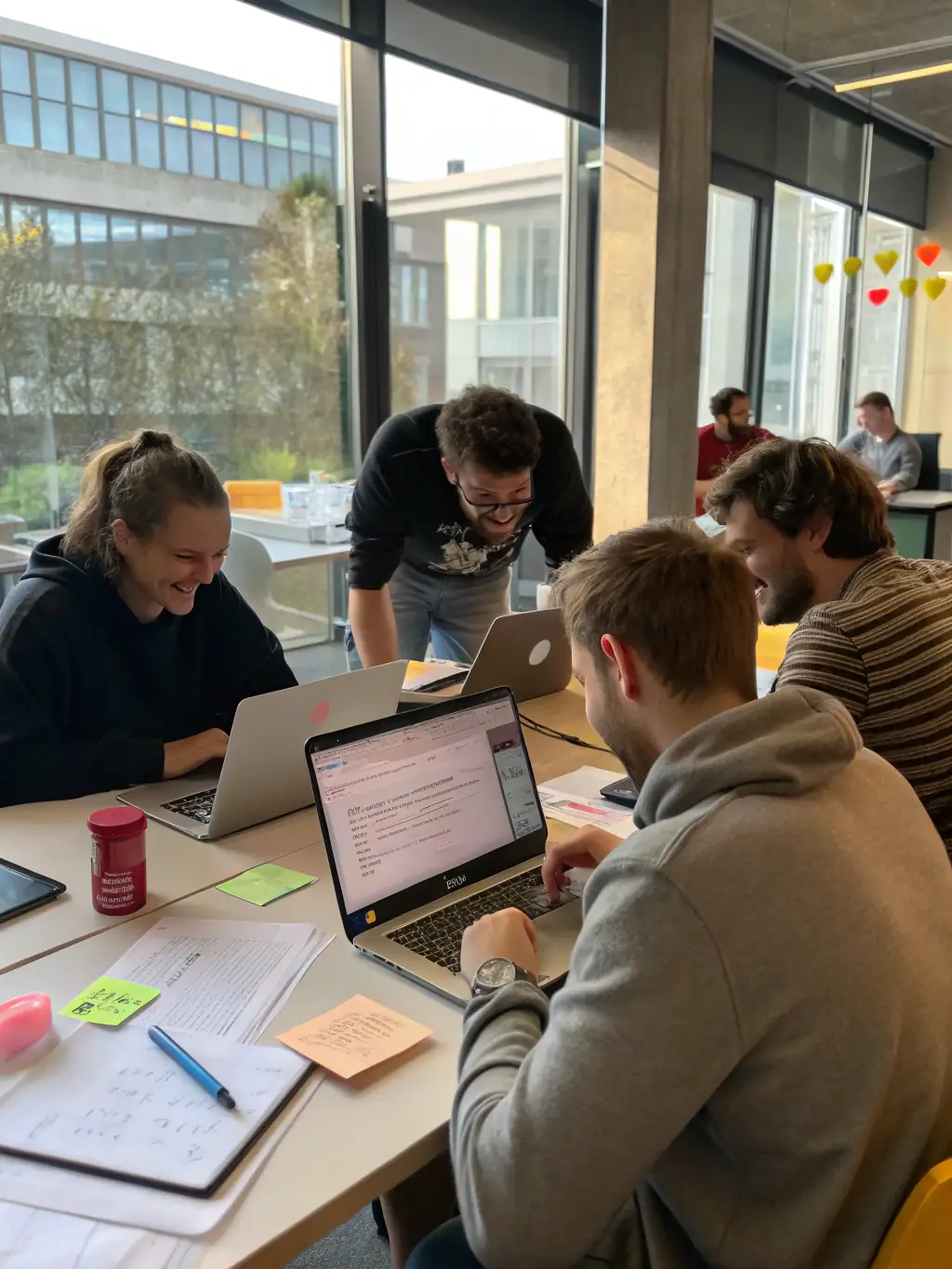 A close-up shot of a software development team collaborating on a project, with one member pointing at a line of code on a monitor, emphasizing teamwork and problem-solving.